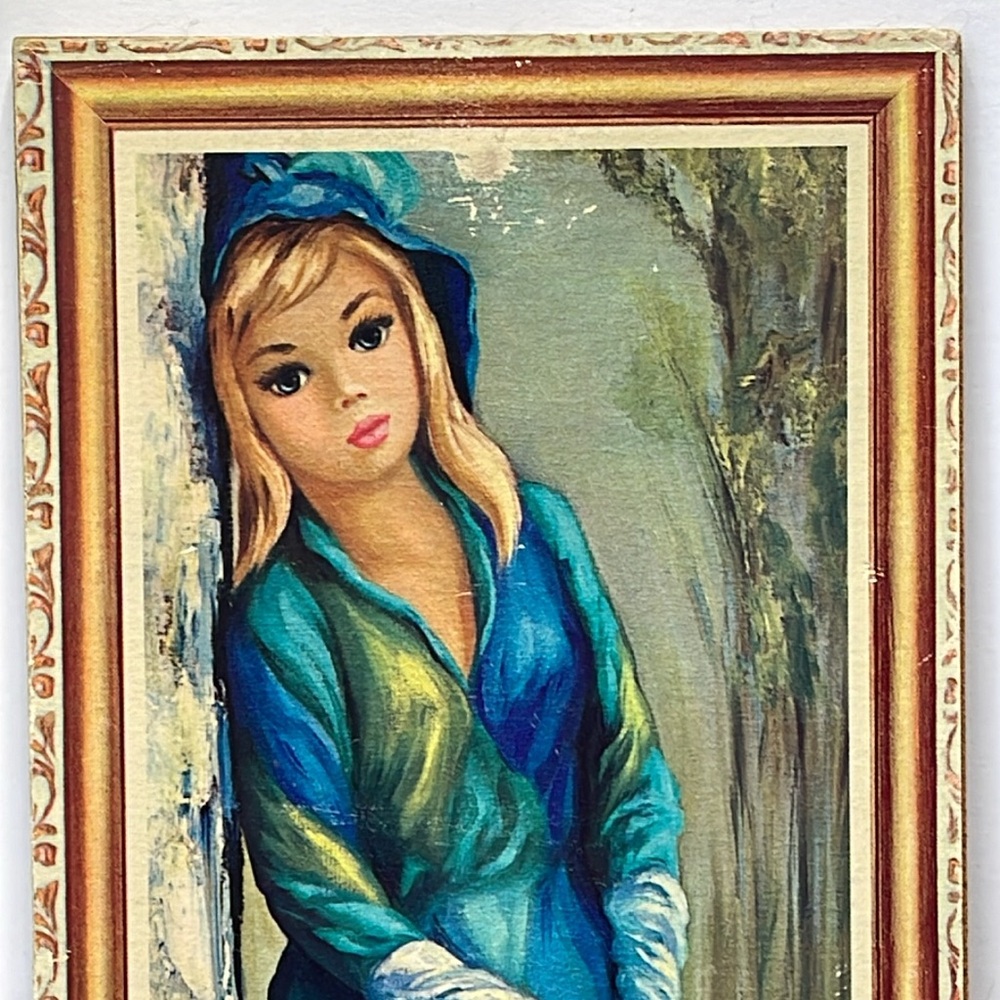 Mid Century Art :: Harlequin Blonde Woman With White Dog :: Artist Jean Maio